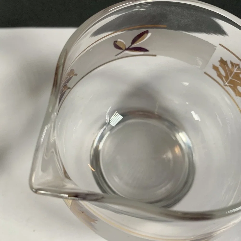 Libbey Glass Creamer Sugar Bowl Set Frosted Leaf Design Gold Trim Retro Vintage